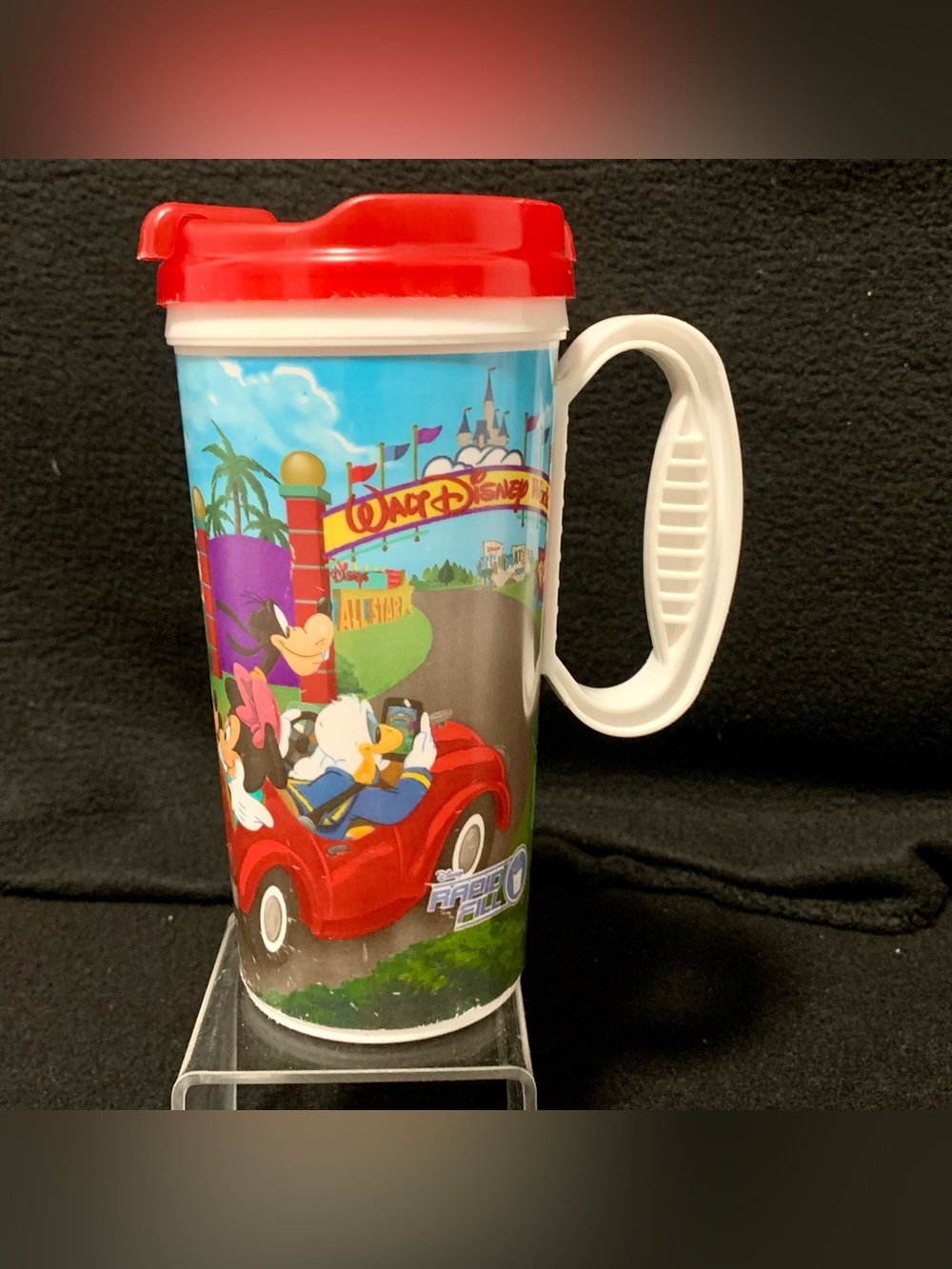 Vintage Walt Disney World Whirley Travel Mug Cup with Handle & Red Lid